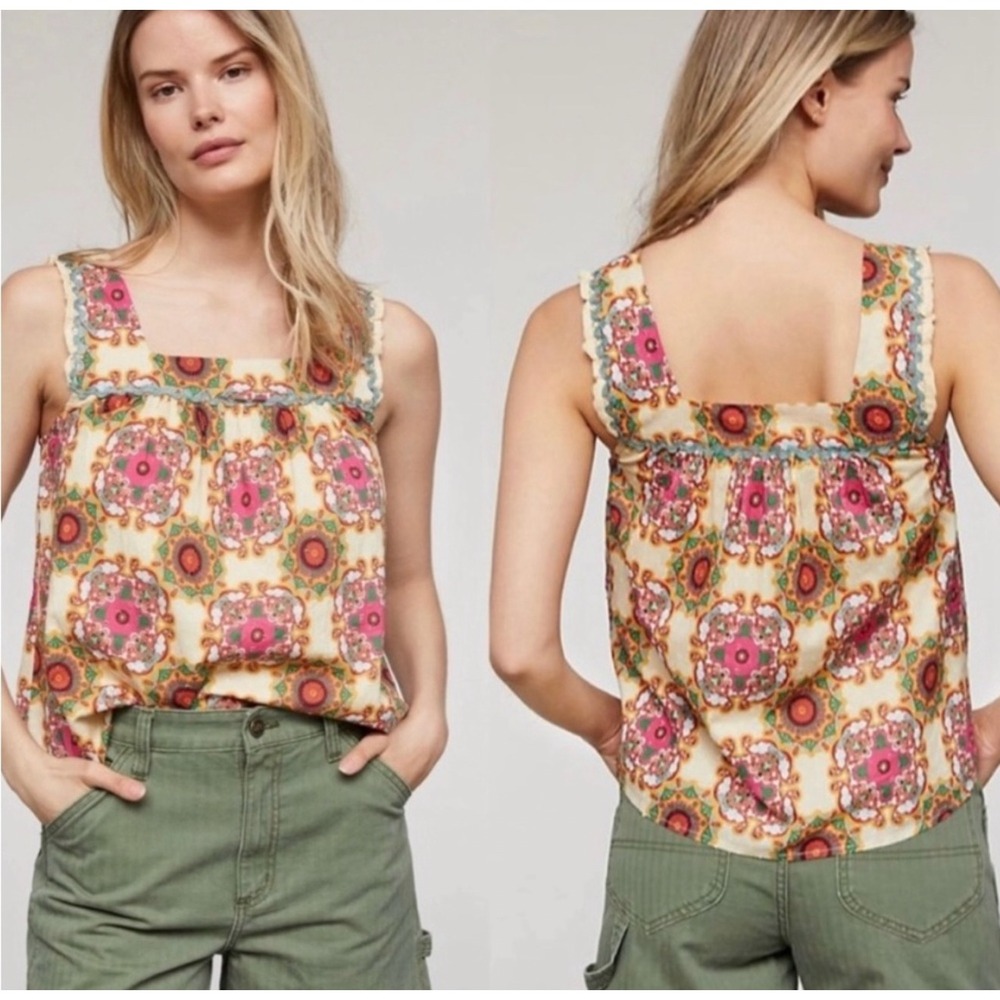 Let Me Be Women Large Tank Top Medallion Paisley Boho Ric Rac Trim Cottagecore